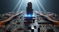 Z80 chip cityscape rising from a glowing motherboard Royalty Free Stock Photo