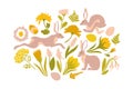 Easter set of objects for design. Print for Easter. Jumping rabbits and spring flowers, ferns. Royalty Free Stock Photo