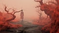 Z Standing In Coral Fog - Otherworldly Grotesque Red Forest Concept Art