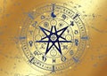 Wiccan symbol of protection. Gold Mandala Witches runes, Mystic Wicca divination. Ancient occult symbols, Earth Zodiac Wheel sign Royalty Free Stock Photo