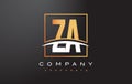 ZA Z A Golden Letter Logo Design with Gold Square and Swoosh.