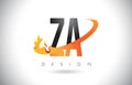 ZA Z A Letter Logo with Fire Flames Design and Orange Swoosh.