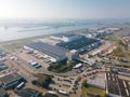 Zaandam, 9th of October 2021, The Netherlands. Albert Heijn distribution center aerial view of trucks loading and