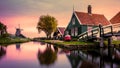 Zaanse Schans Netherlands a Dutch windmill village during sunset whit wooden house holland Royalty Free Stock Photo