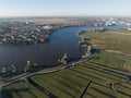 Zaanse Schans, touristic destination of a typical old dutch heritage landscape. Engineering marvel in the polder. Birds