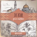 Zaatar template with Jerusalem city landscape, Syrian oregano, Sumac, sesame, thyme, savory, sketch.