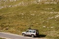 Zabljak, Montenegro - 23 july 2020: Isuzu trooper sports rally off-road car of 1991, in stickers with prizes, parked on