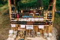 ZABLJAK, MONTENEGRO - 25 MAY 2016: Shop with souvenirs. Selling homemade honey, jam, wine, in north of Montenegro