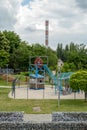 Zabrze, Poland - June 19, 2023: Park 12C in Zabrze near Queen Luiza Adit. Educational zone and playground. Playground toys