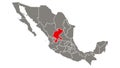 Zacatecas state blinking red highlighted in map of Mexico