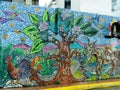 Zacatlan, Puebla, MEX - October 1, 2017: Flowering tree in a pre-Hispanic mural in street of Zacatlan