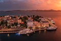 Zadar, Croatia - Aerial view of the Old Town of Zadar at dusk with mooring yachts, Cathedral of St. Anastasia Royalty Free Stock Photo