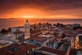 Zadar, Croatia - Aerial view of the tower of Cathedral of St. Anastasia and the old town of Zadar with a golden sunset Royalty Free Stock Photo