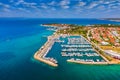 Zadar, Croatia - Aerial view of Zadar yacht marina with sailboats, yachts, blue sky and turquoise Adriatic sea water