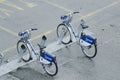 ZADAR, CROATIA - Jan 01, 2021: High angle view of a electric bikes for rent parked and ready for a ride Royalty Free Stock Photo