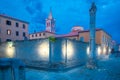 Zadar, Croatia - July, 2019: Zadar historic square and church evening view, Dalmatia, Croatia