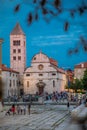 Zadar, Croatia - July, 2019: Zadar historic square and church evening view, Dalmatia, Croatia