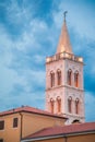 Zadar, Croatia - July, 2019: Zadar historic square and church evening view, Dalmatia, Croatia