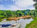 Zadni Treban- Czech- 21 June 2024: Wooden raft on River. Rafting down the river