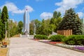 Victory column with eternal flame in alley heroes. Zadonsk city, park Pobedy