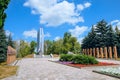 Victory column with eternal flame in alley heroes. Zadonsk city.