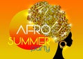 Afro Summer Party, Black African head woman with traditional ethnic shiny golden turban, vector isolated on sunset background