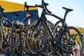 Closeup shot of parked bicycles before the race