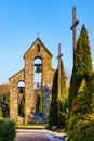 Stone belfry of parish church of St. Peter and Paul Apostles Upper Zagorzyce Gorne village in Podkarpacie region of Lesser Poland