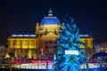 Zagreb Art Pavilion with decorated blue Christmas tree, Croatia