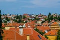 Zagreb, Capital of Croatia aerial view - colorful rooftops and church towers...IMAGE