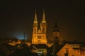 Zagreb Cathedral and St. Mary`s Church in the night from Upper town. Croatia Royalty Free Stock Photo