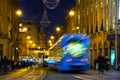 Zagreb, Croatia. Famous motion blurred blue Tram at night Royalty Free Stock Photo