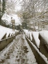 ZAGREB, CROATIA - FEBRUARY 2015: Snow covered stairway in the old part of Zagreb in Croatia.