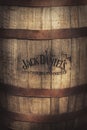 ZAGREB, CROATIA, JULY 25, 2017: Old wooden barrel with burned logo of Jack Daniel`s whiskey