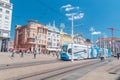 Ban Jelacic Square with blue tram. Central square of the city of Zagreb