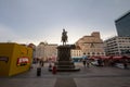 Statue of ban Jelacic seen from behind on Trg Bana Jelacica at dusk. Ban Jelacic square is the main square of downtown Zagreb