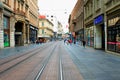 Zagreb, Croatia - main city street with shops and traffic signs.