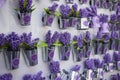 ZAGREB, CROATIA - MAY 11, 2019: Tourist souvenirs - magnets in the form of half a bucket in artificial lavender. Gifts from travel