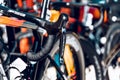 Close-up photo of brake lever and handlebar on professional road bike.