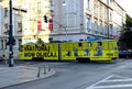 Closeup view of decorated yellow tram in Zagreb, Croatia