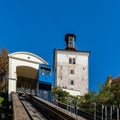 the shortest funicular in the world in downtown Zagreb connecting lower and upper town Royalty Free Stock Photo