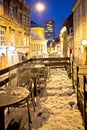 Zagreb. Radiceva old cobbled street and Zagreb cityscape snowy evening view Royalty Free Stock Photo