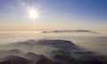 Zagreb Skyline in Croatia. Sunset Light Colorful Sky in Background. View from the top of Medvednica Mountain.  Haze Background Royalty Free Stock Photo