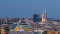 Zagreb capitol of Croatia cathedral and modern skyscraper with a old city panorama day to night timelapse