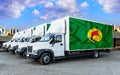 Zaire flag on the back of Five new white trucks against the backdrop of the river and the city. Truck, transport, freight