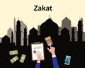 Zakat concept moslem islam count counting money with hand view from top with mosque as background Royalty Free Stock Photo