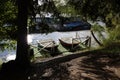 Two boats at the small boating station in Moscow region. Sunny summer view.
