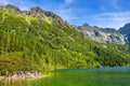 Zakopane, Poland - Crowds of tourists enjoying sunny weather and mountains scenery at the Morskie Oko pond in High Tatra Mountains