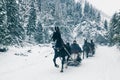 ZAKOPANE, POLAND, February 10, 2018, Several harnesses of a sleigh drawn by horses are riding along a snow-covered road in the mo