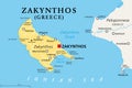 Zakynthos, also known as Zykinthos or Zante, Greek island, political map